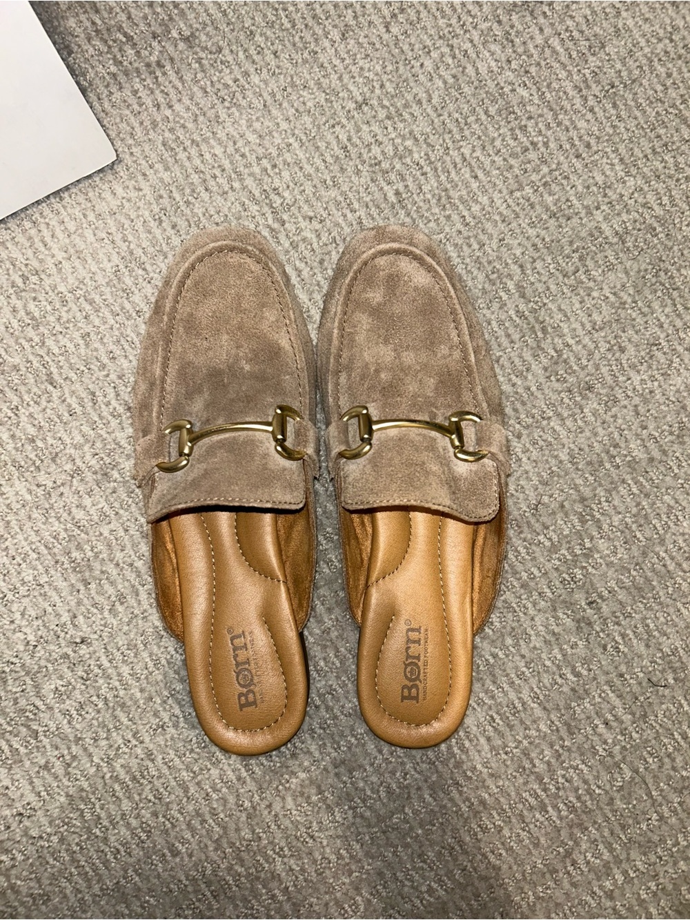 Born Taupe Suede Mule Loafers with Gold Bit
